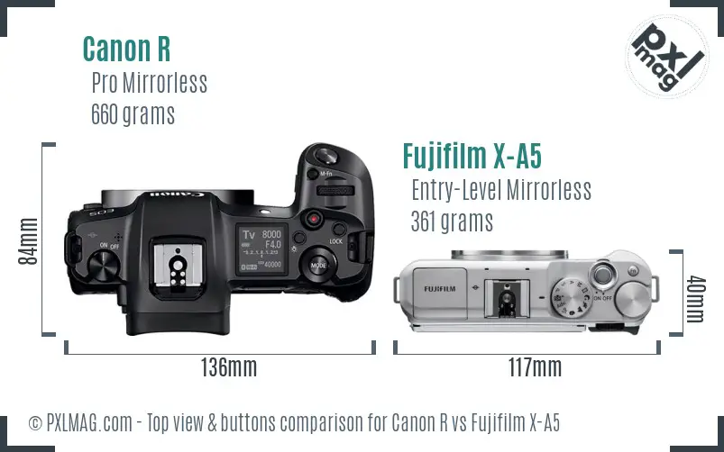 Canon R vs Fujifilm X-A5 top view buttons comparison