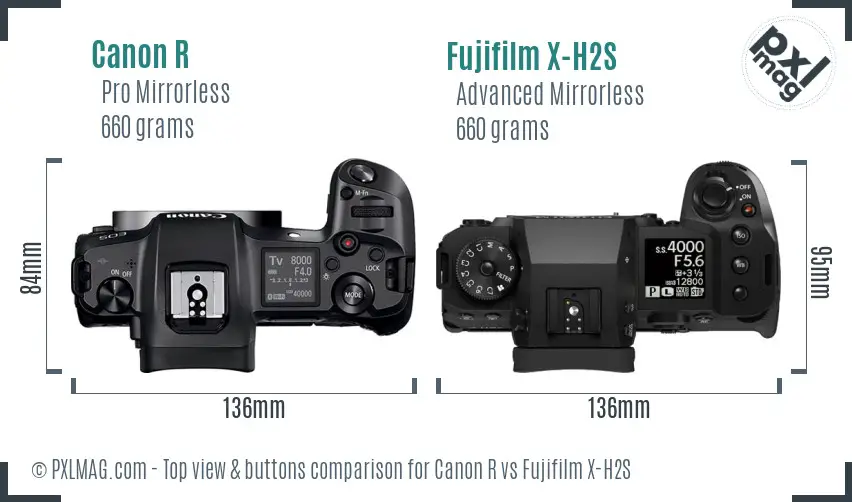 Canon R vs Fujifilm X-H2S top view buttons comparison