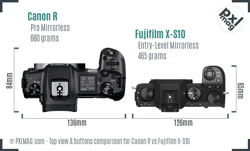 Canon R vs Fujifilm X-S10 top view buttons comparison