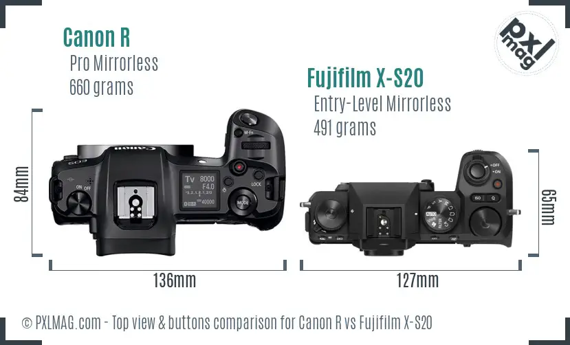 Canon R vs Fujifilm X-S20 top view buttons comparison