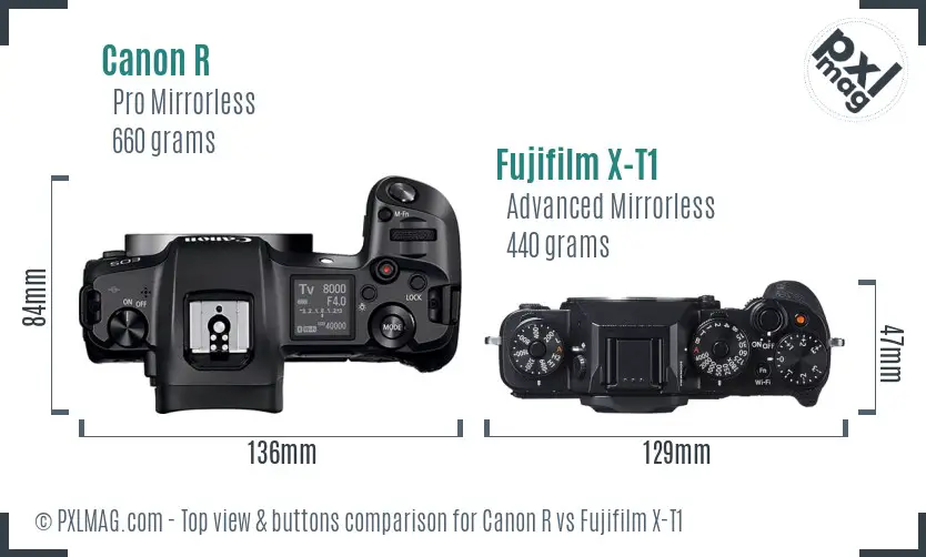 Canon R vs Fujifilm X-T1 top view buttons comparison