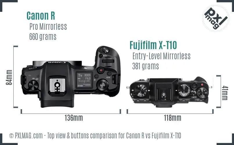 Canon R vs Fujifilm X-T10 top view buttons comparison