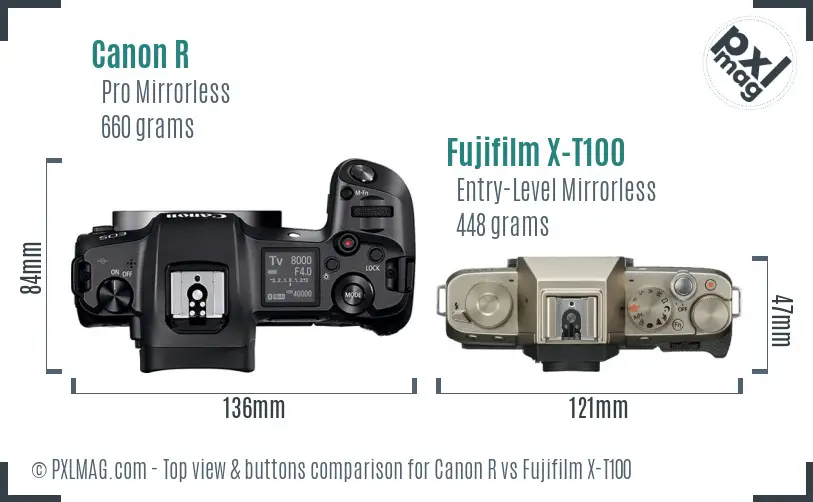 Canon R vs Fujifilm X-T100 top view buttons comparison