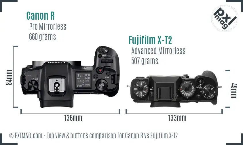 Canon R vs Fujifilm X-T2 top view buttons comparison