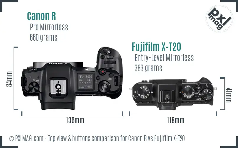 Canon R vs Fujifilm X-T20 top view buttons comparison