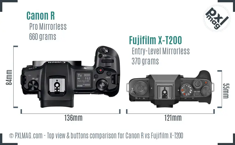 Canon R vs Fujifilm X-T200 top view buttons comparison