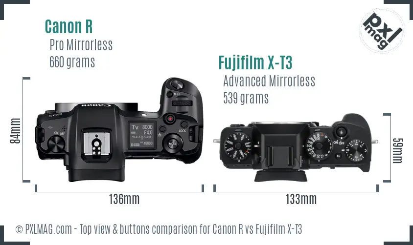 Canon R vs Fujifilm X-T3 top view buttons comparison