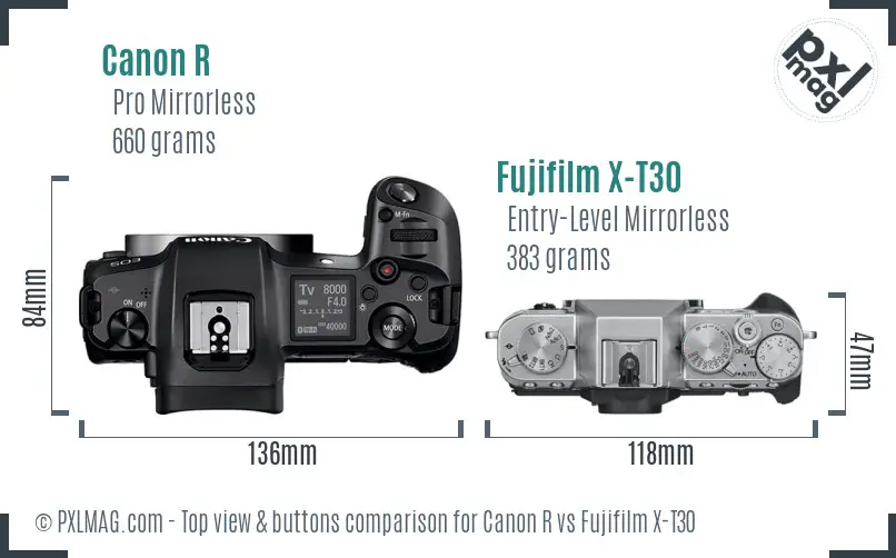 Canon R vs Fujifilm X-T30 top view buttons comparison