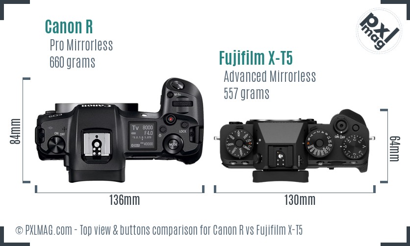 Canon R vs Fujifilm X-T5 top view buttons comparison