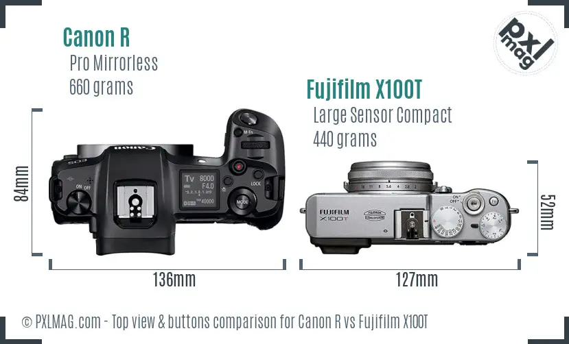 Canon R vs Fujifilm X100T top view buttons comparison