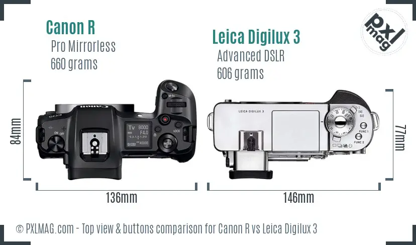 Canon R vs Leica Digilux 3 top view buttons comparison