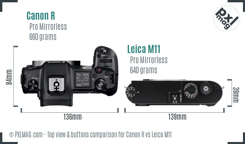 Canon R vs Leica M11 top view buttons comparison