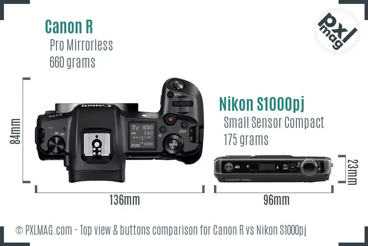 Canon R vs Nikon S1000pj top view buttons comparison