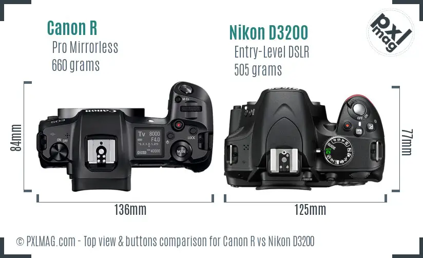 Canon R vs Nikon D3200 top view buttons comparison Canon R vs Nikon D3200 top view buttons comparison