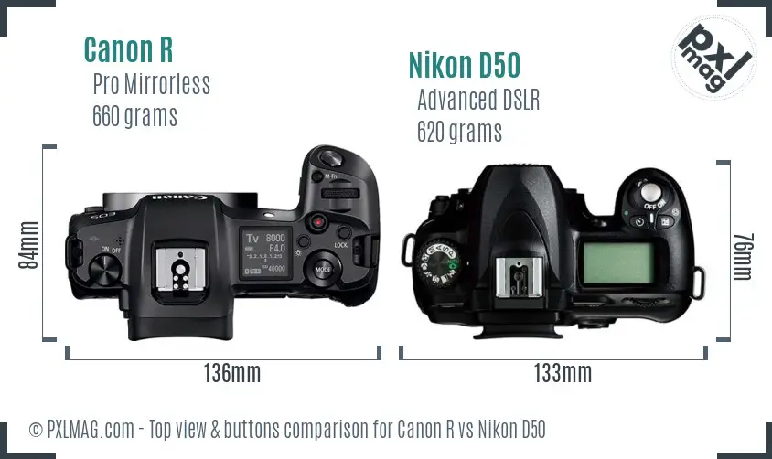 Canon R vs Nikon D50 top view buttons comparison Canon R vs Nikon D50 top view buttons comparison