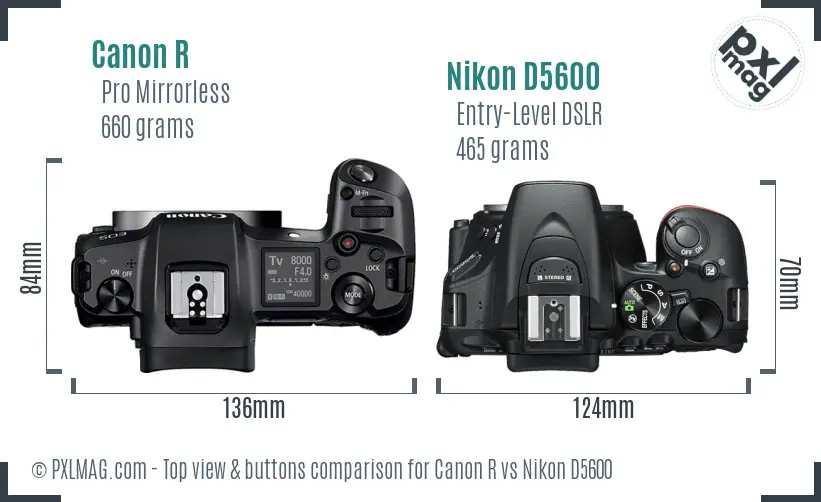 Canon R vs Nikon D5600 top view buttons comparison
