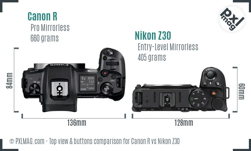 Canon R vs Nikon Z30 top view buttons comparison