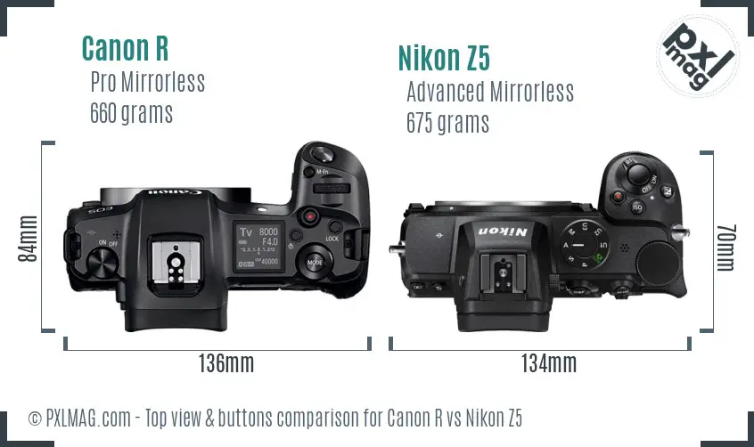 Canon R vs Nikon Z5 top view buttons comparison