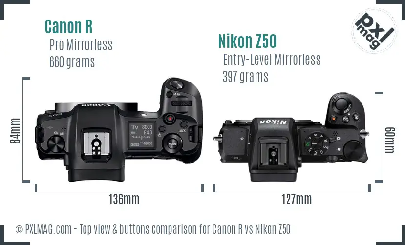Canon R vs Nikon Z50 top view buttons comparison