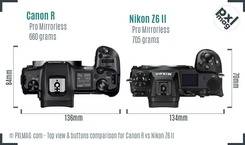 Canon R vs Nikon Z6 II top view buttons comparison