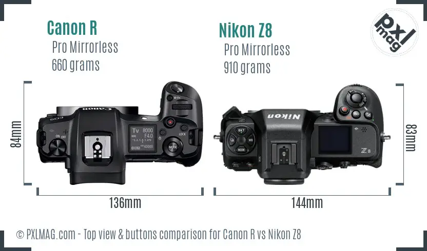 Canon R vs Nikon Z8 top view buttons comparison