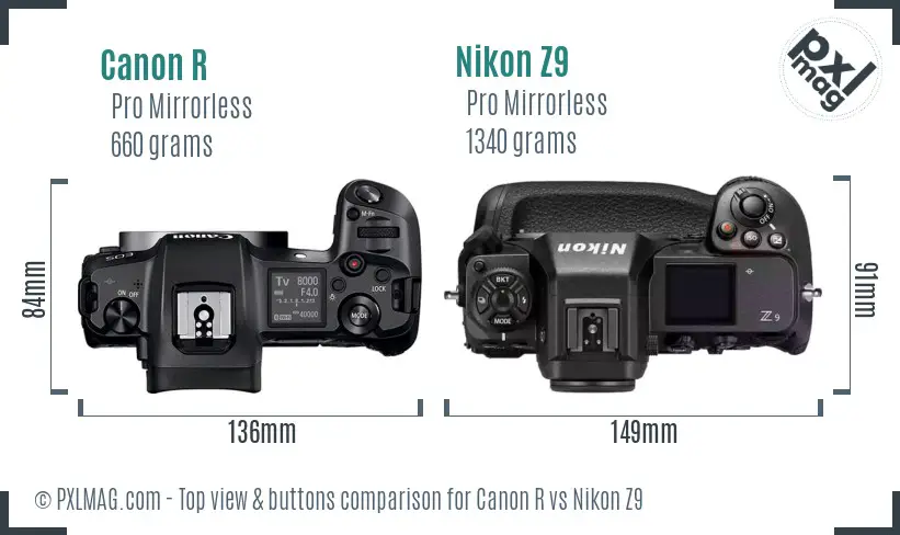 Canon R vs Nikon Z9 top view buttons comparison