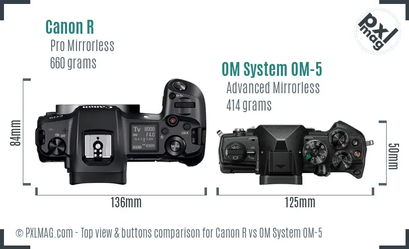 Canon R vs OM System OM-5 top view buttons comparison