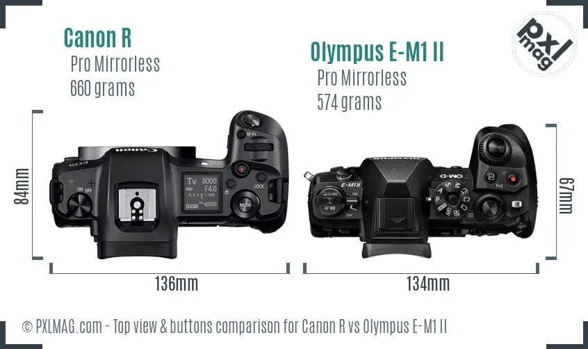 Canon R vs Olympus E-M1 II top view buttons comparison