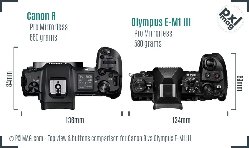 Canon R vs Olympus E-M1 III top view buttons comparison