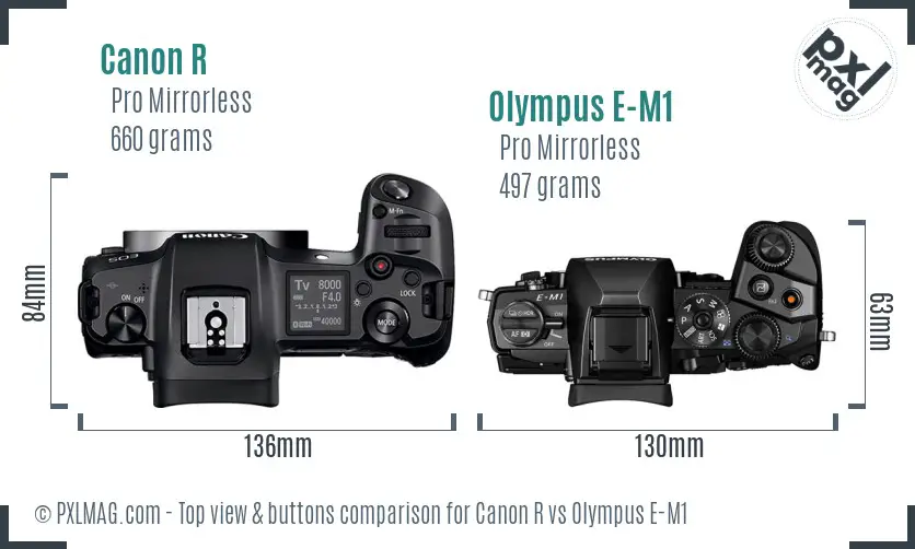 Canon R vs Olympus E-M1 top view buttons comparison Canon R vs Olympus E-M1 top view buttons comparison