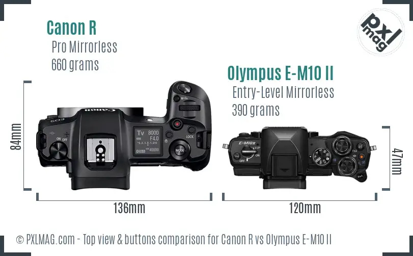 Canon R vs Olympus E-M10 II top view buttons comparison