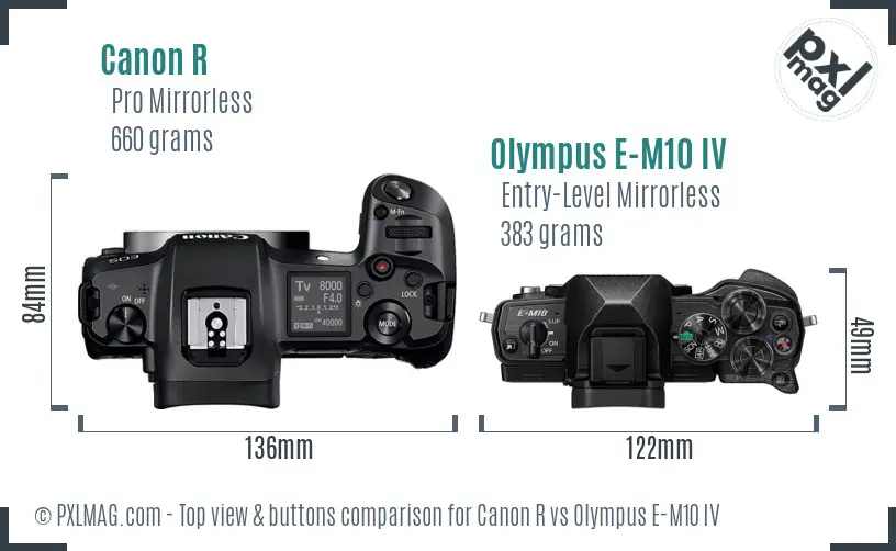 Canon R vs Olympus E-M10 IV top view buttons comparison