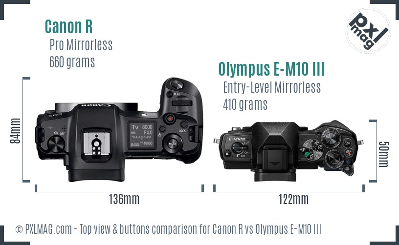 Canon R vs Olympus E-M10 III top view buttons comparison