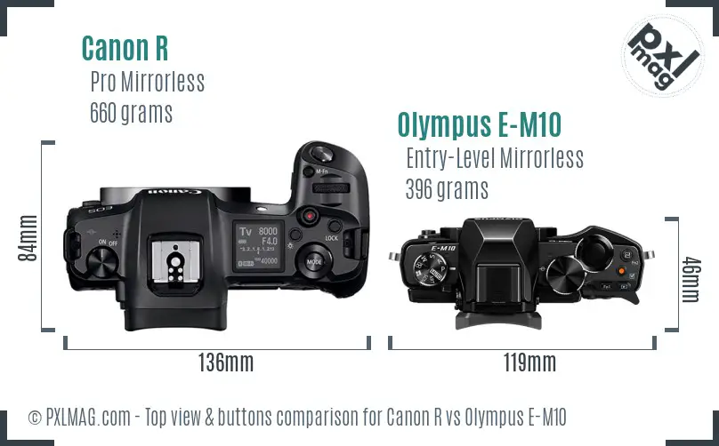 Canon R vs Olympus E-M10 top view buttons comparison