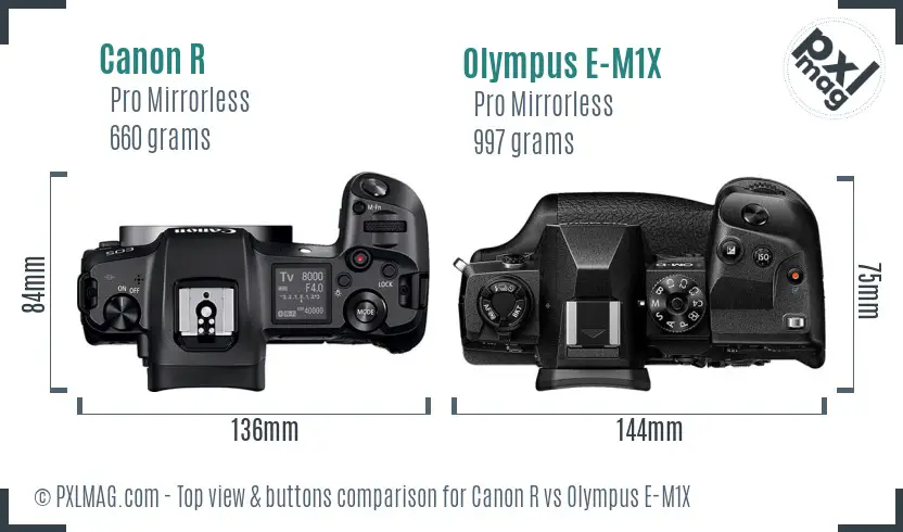 Canon R vs Olympus E-M1X top view buttons comparison