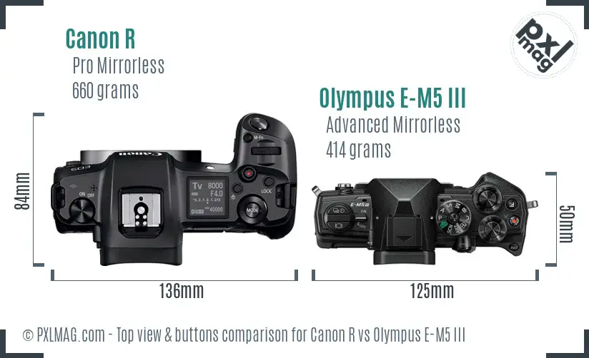 Canon R vs Olympus E-M5 III top view buttons comparison