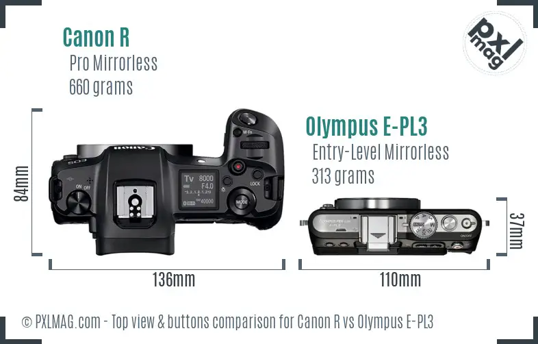 Canon R vs Olympus E-PL3 top view buttons comparison