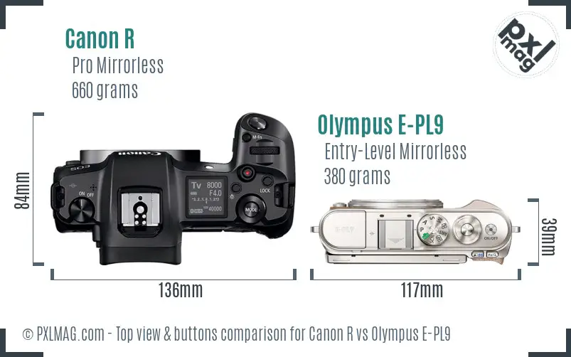 Canon R vs Olympus E-PL9 top view buttons comparison