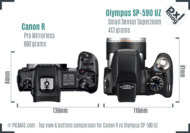 Canon R vs Olympus SP-590 UZ top view buttons comparison