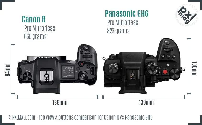 Canon R vs Panasonic GH6 top view buttons comparison