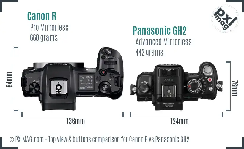 Canon R vs Panasonic GH2 top view buttons comparison Canon R vs Panasonic GH2 top view buttons comparison