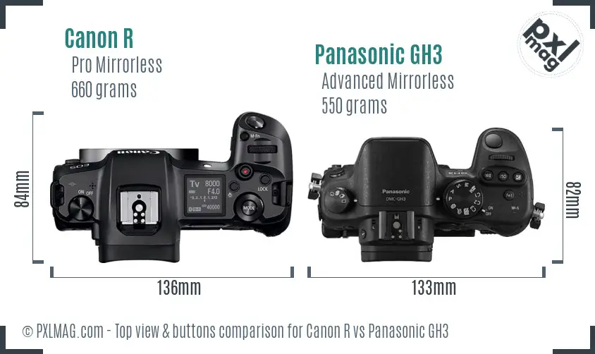 Canon R vs Panasonic GH3 top view buttons comparison