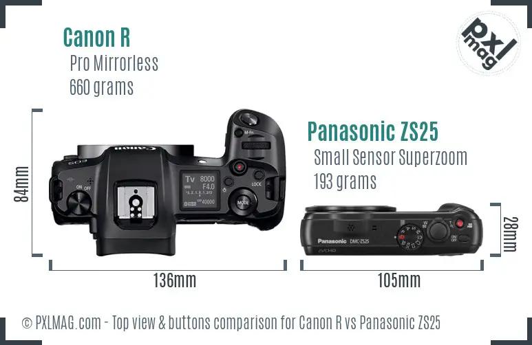 Canon R vs Panasonic ZS25 top view buttons comparison