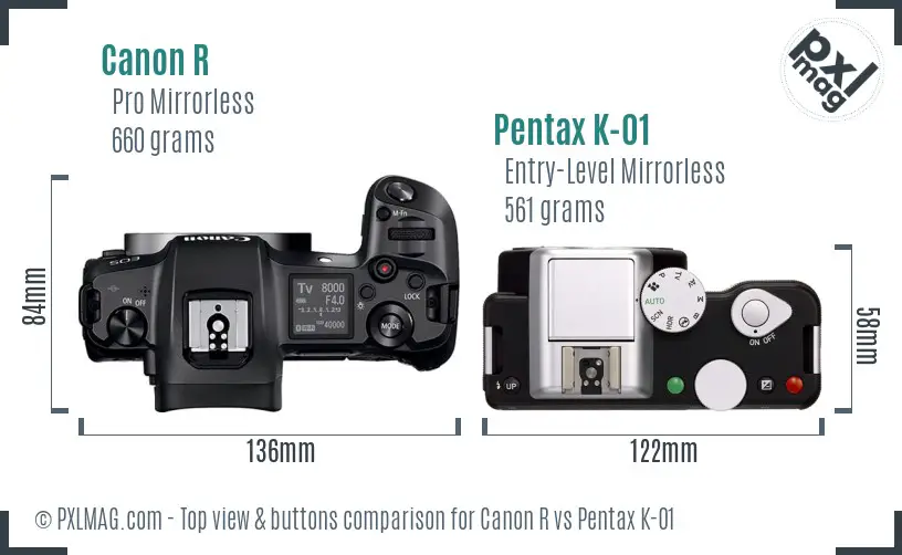 Canon R vs Pentax K-01 top view buttons comparison