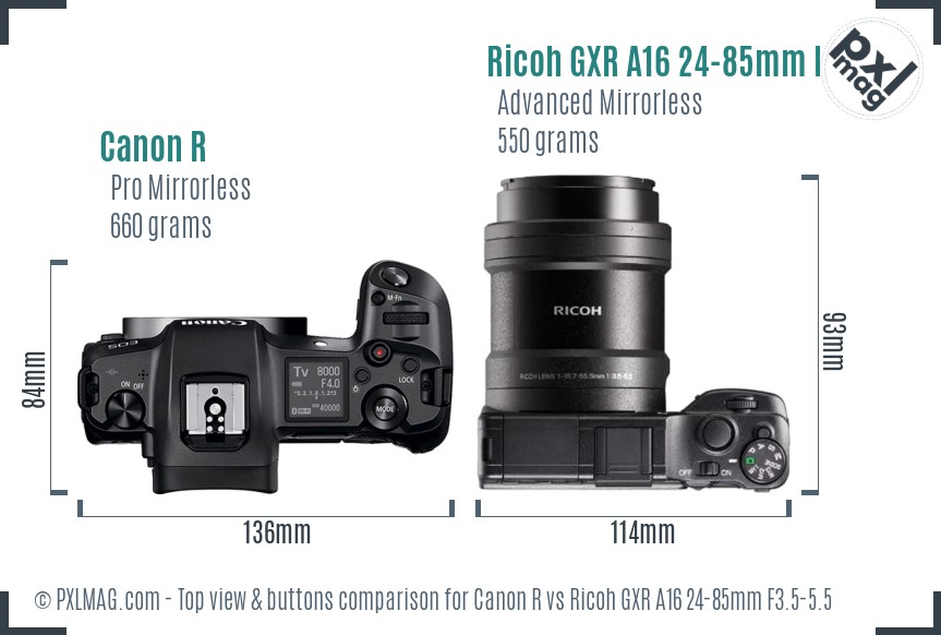Canon R vs Ricoh GXR A16 24-85mm F3.5-5.5 top view buttons comparison