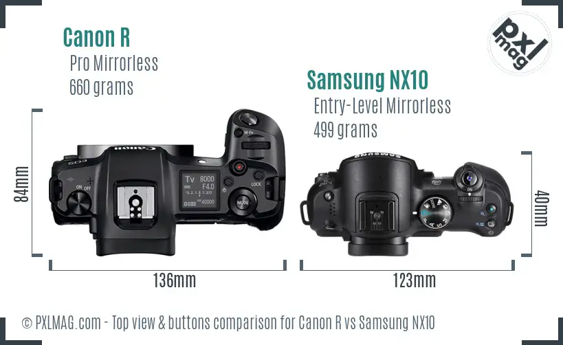 Canon R vs Samsung NX10 top view buttons comparison