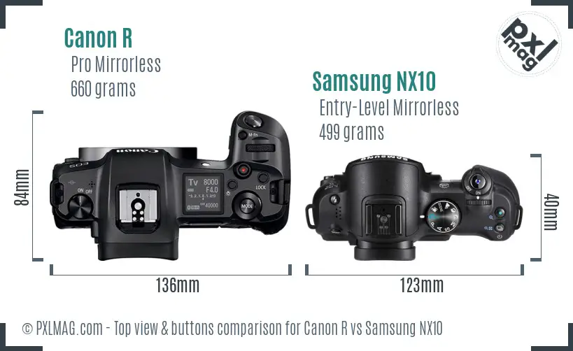 Canon R vs Samsung NX10 top view buttons comparison Canon R vs Samsung NX10 top view buttons comparison
