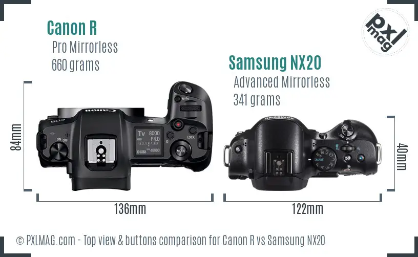 Canon R vs Samsung NX20 top view buttons comparison