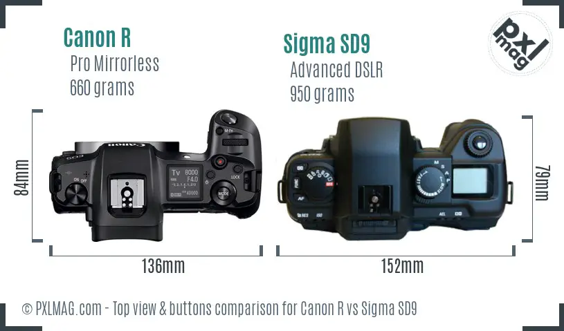 Canon R vs Sigma SD9 top view buttons comparison Canon R vs Sigma SD9 top view buttons comparison