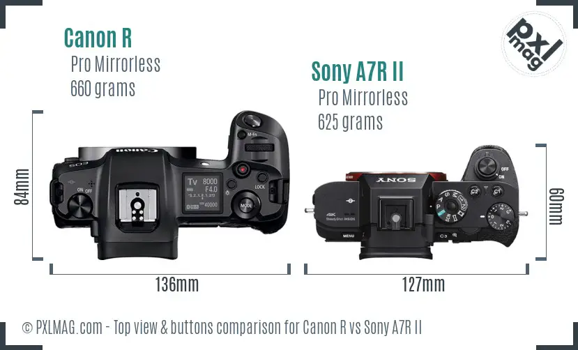 Canon R vs Sony A7R II top view buttons comparison